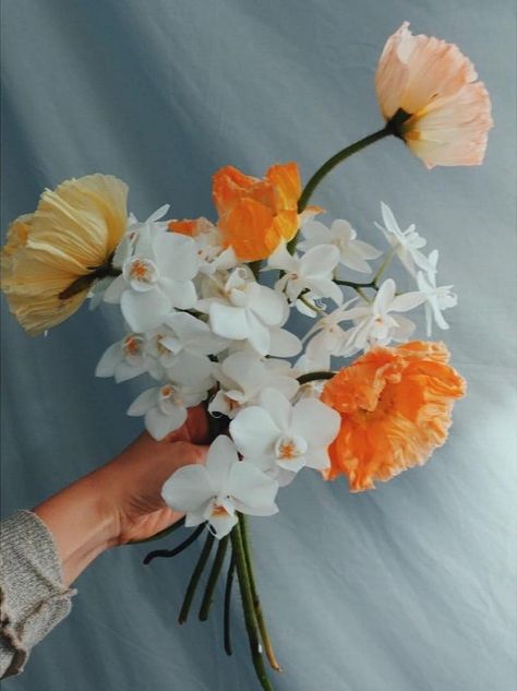 love this simple bouquet of white orchid, stephanotis and orange and yellow poppies in made by Worm London creative florists, flower designers and flower workshops. Click through to get all the info you need to connect with Katie and Terri, the talented duo behind Worm #flowers #flowerdesign #contemporaryflowers #britishflowers #wormlondon #frombritainwithlove Yellow Poppies, Simple Bouquet, Poppy Bouquet, Orange Bouquets, Yellow Bouquets, Colorful Wedding Flowers, Orchid Bouquet, British Flowers, Popular Flowers