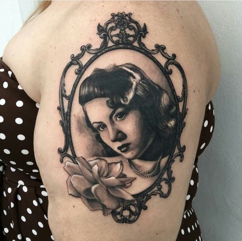 Cameo tattoo of my grandmother by Marco Vergel Cameo Frame Tattoo, Mother Portrait Tattoo, Grandmother Portrait Tattoo, Kids Portrait Tattoo, Parent Portrait Tattoo, Lady Portrait Tattoo, Vintage Frame Tattoo, Grandmother Tattoo, Cameo Tattoo