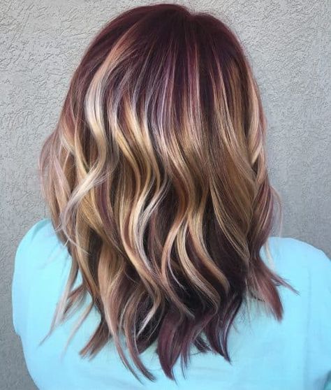 Blonde Brown Burgundy Hair Colour Burgundy And Blonde Hair, Blonde Hair 2022, Burgundy Hair Colors, Medium Balayage, Dark Burgundy Hair Color, Maroon Highlights, Purple Blonde Hair, Bright Red Hair Color, Mum Hair