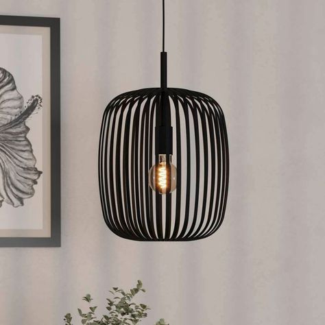 Romazzina Single Steel Pendant in a Black Finish Black Wire Light Fixture, Black Lampshade Bedroom, Black Kitchen Pendant Lights, Black Pendant Lights, Wire Lampshade, Lighting Hallway, Breakfast Bar Lighting, Small Toilet Room, Home Hall Design