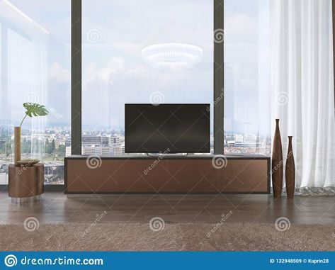 Tv On Window Wall, Tv Against Window, Tv Against Window Living Rooms, Tv Infront Of Windows, Dubai Apartment, Studio Renovation, Smart Living Room, Window Walls, Wooden Vases