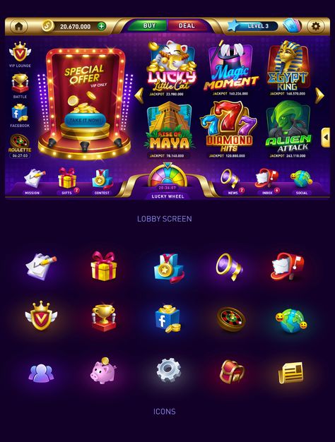 Vegas Slots Game UI on Behance Casino Table Games, Card Ui, Vegas Slots, Play Casino Games, Button Game, Casino Slot Games, Game Interface, Game Props, Game Ui Design