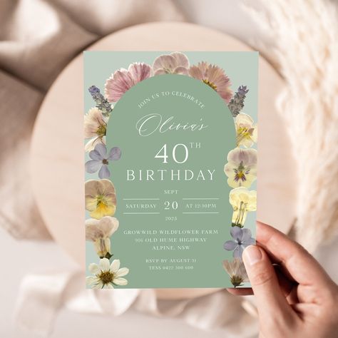 Sage Green 40th Birthday Invitation Template, Sage Green Floral Birthday Party, Pressed Flower, Floral Garden Party | INSTANT DOWNLOAD Sage Green Birthday, Floral Party Ideas, 18th Birthday Invites, Flower Birthday Invitations, Wildflower Invitation, Floral Garden Party, Garden Party Invitations, Flower Birthday Party, Floral Birthday Invitations