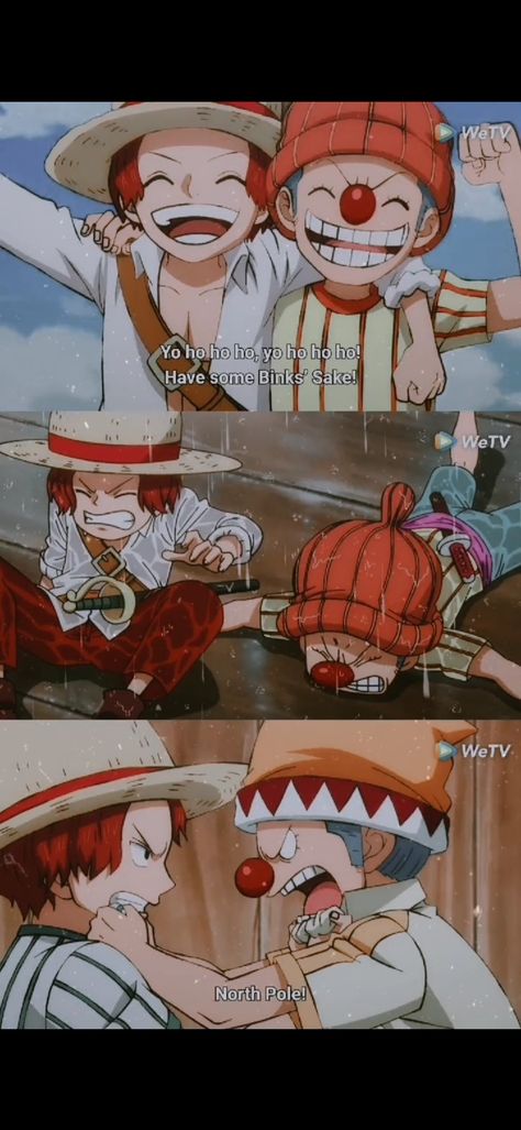 #OnePiece #Buggy #Shanks #Friendship #Aesthetic Buggy The Clown X Shanks, One Piece Shanks X Buggy, Shanks X Buggy Kiss, Fem Buggy, Buggy The Clown Wallpaper, Buggy And Shanks, Buggy X Shanks, Shanks And Buggy, Luffy And Shanks