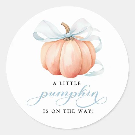 A Little Pumpkin on the Way Blue Bow Baby Shower Classic Round Sticker | Zazzle Little Pumpkin On The Way, Pumpkin On The Way, Bow Baby Shower, Baby Shower Stickers, Blue Baby, Blue Bow, Baby Bows, Blue Ribbon, A Pumpkin