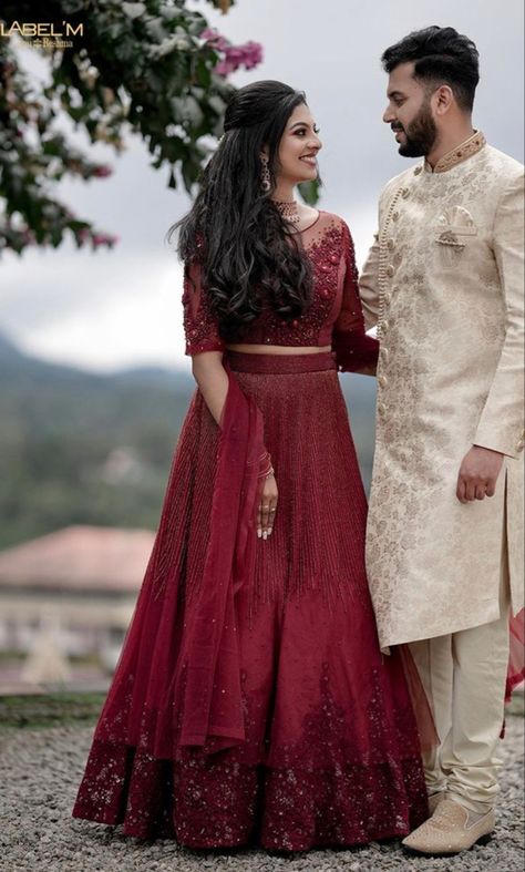 Wine Red Engagement Dress, Indian Engagement Couple Outfit, Registration Of Marriage Outfit, Lehanga For Reception Bridal Couple, Kerala Engagement Couple Dress, Couple Reception Outfit Indian, Couple Engagement Dress Indian, Kerala Engagement Dress Hindus Couple, Engagement Couple Dress Indian