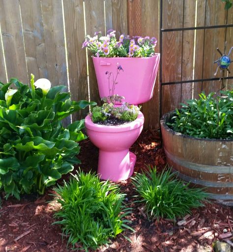 Garden toilet; re purposed toilet - sand, prime, paint, drill a drainage hole and plant! Toilet Garden Ideas, Toilet Garden Planter, Toilet Flower Planter, Toilet Yard Art, Toilet Planters Garden Ideas, Old Toilet Ideas Reuse, Toilet Planter, Toilet Garden, Recycled Garden Projects