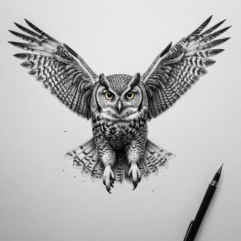 Owl In Flight Tattoo Design, Great Horned Owl Tattoo Drawing, Owl Tattoo Design Chest, Owl In Flight Tattoo, Owl Chest Tattoo Men, Owl Sternum Tattoo, Realistic Owl Tattoo Design, Great Horned Owl Tattoo, Owl Tattoo Sketch