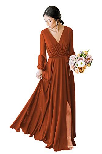 Burnt Orange Bridesmaid, Burnt Orange Bridesmaid Dresses, Orange Bridesmaid, Long Sleeve Bridesmaid Dress, Orange Bridesmaid Dresses, Bridesmaid Dresses With Sleeves, Dresses Chiffon, Chiffon Long Sleeve, Chiffon Bridesmaid Dress