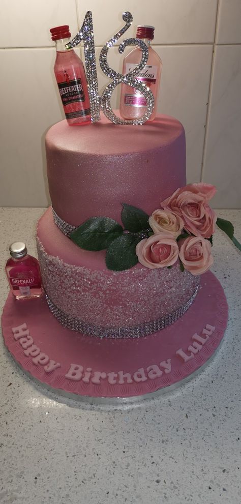 Pink gin birthday cake 18th Birthday Cake Pink Gin, Hot Pink 18th Birthday Cake, Pink Whitney Cake, Gin Cake, Alcohol Birthday Cake, Drink Birthday, 21 Cake, Birthday Dream, Alcohol Cake