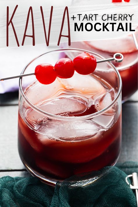 This is the ultimate relaxing Kava Mocktail! It contains kava tea, tart cherry juice, a touch of honey, and maraschino cherries for garnish! Kava Tea Recipe, Kava Mocktail Recipe, Herbal Drinks Recipes, Kava Recipe, Kava Drink Recipes, Herbal Mocktails, Healing Drinks, Kava Tea, Kava Bar