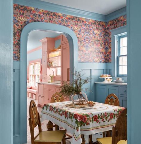 Color + Pattern | 2024 | HGTV Colorful French Kitchen, Dining Room Maximalist, Retro Pink Kitchens, Blue Dining Room, Dining Room Wall Color, Ikea Dollhouse, Colorful Trim, Eclectic Homes, Colorful House