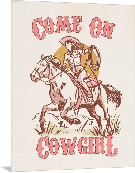 Metal Print entitled Come On Cowgirl II.  Multiple sizes available.  Primary colors within this image include White, Pink, Peach, Black.  Made in USA.  All products come with a 365 day workmanship guarantee.  Inks used are latex-based and designed to last.  Canvas is acid-free and 20 millimeters thick.  Canvas is designed to prevent fading. Cowgirl Tapestry, Girl Horse Room, Beautiful Tattoos For Women, Country Wall Art, Western Wall Art, Cowgirl Art, Black Framed Wall Art, Canvas Frames, Pink Wall Art