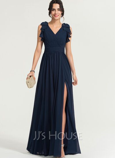 A-Line V-neck Floor-Length Chiffon Evening Dress With Split Front (017167694) - JJ's House Bridesmaid Tulle, Dress With Split, Cheap Evening Dresses, Chiffon Evening Dresses, Mob Dresses, Lace Evening Dresses, Gowns Online, Chiffon Bridesmaid Dress, Chiffon Bridesmaid