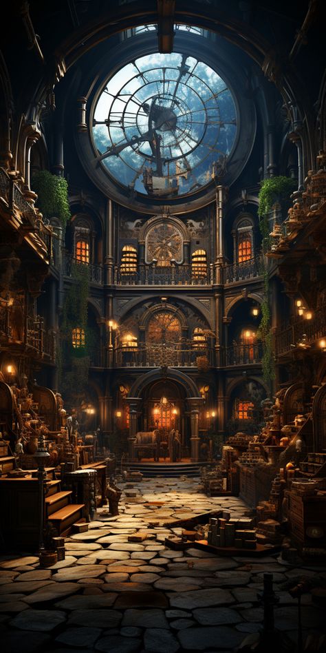 Steampunk Library Concept Art, Steampunk Set Design, Magicpunk Aesthetic, Gaslamp Fantasy Aesthetic, Steampunk Scenery, Magic Steampunk, Steampunk Library, Steampunk Building, Steampunk Wallpaper