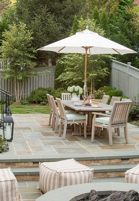 Patio. Patio Stone. Patio Stone Ideas. #Patio #PatioStone Outdoor Landscape Design, Table With Umbrella, Bluestone Patio, Stone Patio, Patio Flooring, Beautiful Patios, Patio Landscaping, Pergola Patio, Pergola Designs