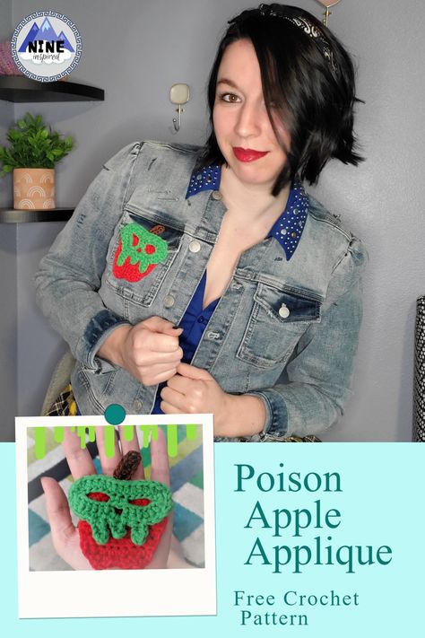 Add a spooky flair to any project or outfit with this poison apple applique. Whether you decide to sew it onto a pillow or use it as part of your punk Snow White costume, you're sure to have a good time. Free crochet applique and embellishment patterns for Halloween are snow much fun! Poison Apple Crochet Pattern, Poison Apple Crochet, Free Crochet Applique, Apple Crochet Pattern, Apple Crochet, Apple Applique, Dripping Blood, Snow White Costume, White Costume