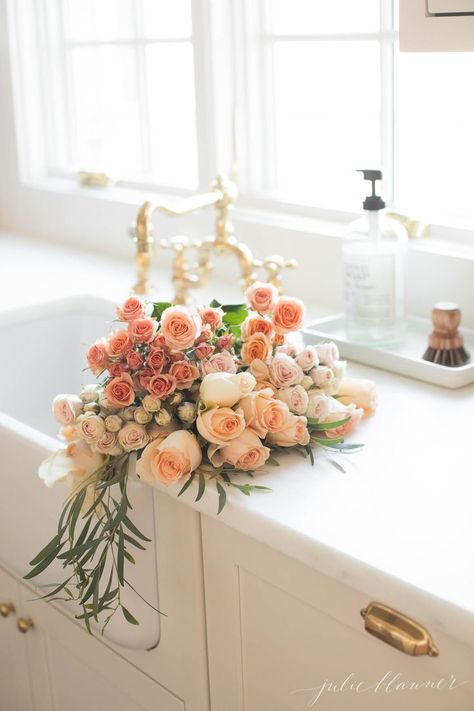 How to organize your kitchen sink. #kitchen #organization #cleaning #newyear Flowers In Kitchen, Sink Organization, Kitchen Sink Organization, Summer Home, Peach Flowers, In Kitchen, Kitchen Sink, Blogger, Stars