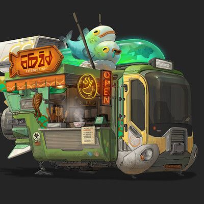 scifi food truck - Google Search Food Truck Painting, Cyberpunk Food Truck, Cool Food Truck Design, Futuristic Food Truck, Food Truck Concept Art, Sci Fi Food Concept Art, Vehicle Design Concept Art, Sci Fi Truck, Sci Fi Food