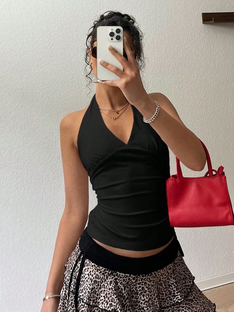 Women's Summer Pleated Black Knitted Bodycon Halter Tank Top Black    Knitted Fabric Plain Halter Medium Stretch  Women Clothing, size features are:Bust: ,Length: ,Sleeve Length: Y2k Fits, Halter Tank Top, Halter Tank, Halter Tops, Tank Top Cami, Cami Top, Black Knit, Cami Tops, Black Tank Tops