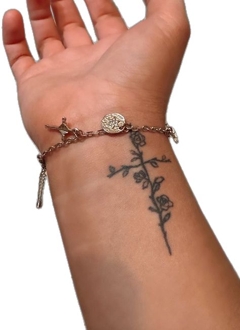 #tattoo #inspo #aesthetic #tattooideas #cross #crosstattoo #goldjewelry #smalltattoo #country Leah Love Island Usa Tattoo, Small Cross With Roses Tattoo, God Themed Tattoos, Small Cute Tattoo Ideas For Women, Crosses Tattoo For Women, Female Wrist Tattoos Ideas, Cross Ankle Tattoos For Women, Ornate Cross Tattoo, Women’s Cross Tattoo