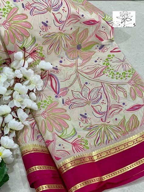 Screen Printing Saree Designs, Printed Sarees Latest, Baby Fashion Girl Newborn, Yoga For Flat Belly, Saree Bandhani, Cutwork Blouse, Mysore Silk Saree, Mysore Silk, Applique Work