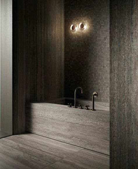 The Traviata Collection offers a neutral palette of porcelain in a variety of rich surface textures. Fabricated in Italy, Traviata is crafted with precision to faithfully recreate the natural beauty and tactile depth of natural travertine. Travertine Bathtub, Dark Travertine, Sleek Bathroom Design, Custom Bathtub, Exquisite Surfaces, Bathtub Cover, Travertine Bathroom, Black Tile Bathrooms, Masculine Bathroom