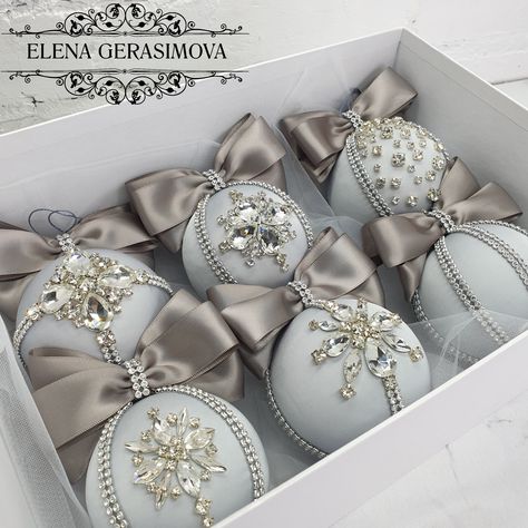 Silver christmas balls, Christmas Ornaments, Rhinestone Baubles, Handmade Balls in gift box, luxury Christmas decorations, Xmas Ideas, tree decor Fancy Christmas Ornaments, Rhinestone Ornaments, Luxury Christmas Tree, Gift Box Christmas, Ornaments Homemade, Christmas Balls Decorations, Christmas Tree Inspiration, Christmas Tree Toy, Beaded Christmas Ornaments