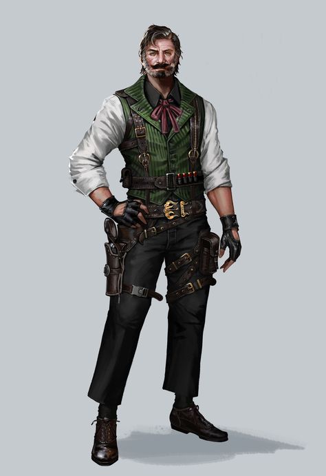 Wild West Outfits, Cowboy Character Design, Wild West Outlaws, Steampunk Character, Pathfinder 2e, Steampunk Characters, Cowboy Outfits, Cowboy Art, Human Male