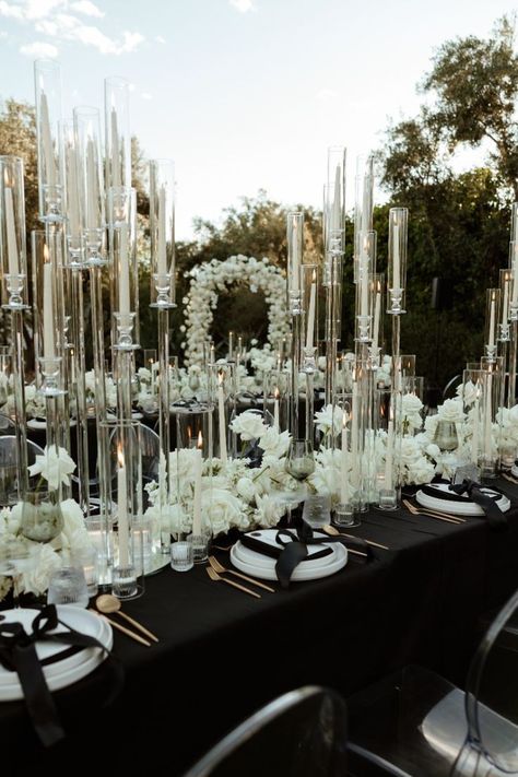 Black Gold And White Wedding Decorations, Black Champagne Wedding, Black Tie Wedding Theme, Black And White Wedding Reception, Black And White Luxury, 2025 Bride, White Arch, White Weddings Reception, Black And White Wedding Theme