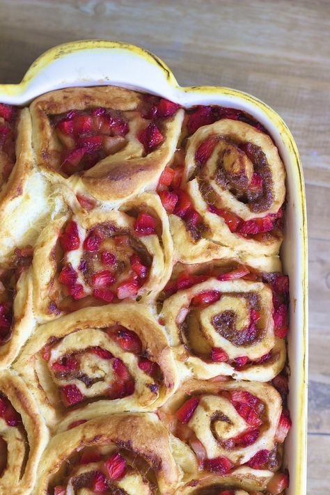 Strawberry Rhubarb Cinnamon Rolls Christmas Cinnamon Rolls, Rhubarb Butter, Coconut Cream Frosting, Breakfast Rolls, Sweet Buns, Compound Butter, Strawberry Rhubarb, Cream Frosting, Sweet Breads