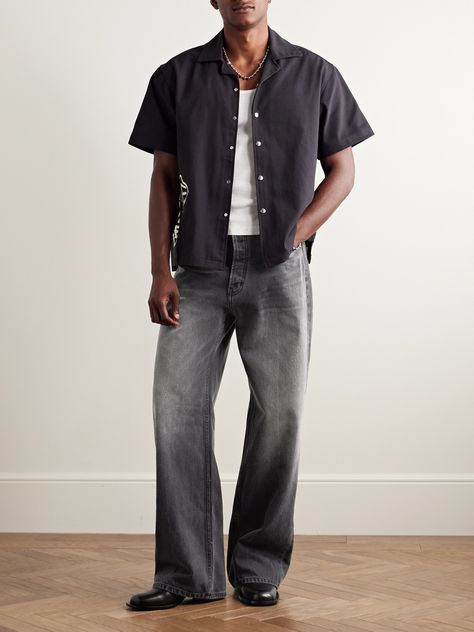 Rhude's jeans are cut for a baggy, wide-leg fit that pools subtly at the ankles. They have a classic five-pocket construction and logo-stamped leather patch on the back waistband. Wide Leg Jeans Outfit Men, Baggy Jeans Outfit Men, Wide Leg Jeans Men, Wide Leg Jeans Outfit, Mens Designer Jeans, Baggy Jeans Outfit, Jeans Outfit Men, Pants Outfit Men, Jeans For Men