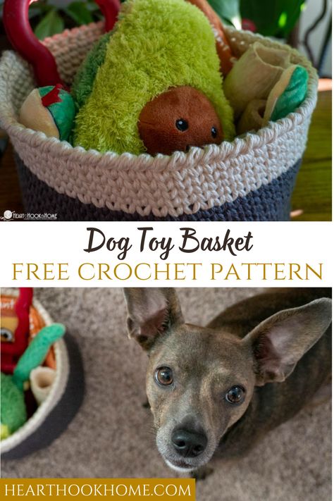 Does your dog love play time? Then its time to crochet them a dog toy basket, and you should use this free crochet pattern to make one! Crochet Toys For Dogs Free Pattern, Crochet Dog Basket, Crochet Dog Toy Basket Free Pattern, Crochet Toy For Dog, T Shirt Yarn Dog Toy, Crochet Dog Toy Basket, Basket Crochet Pattern Free, Crocheted Baskets, Basket Crochet Pattern