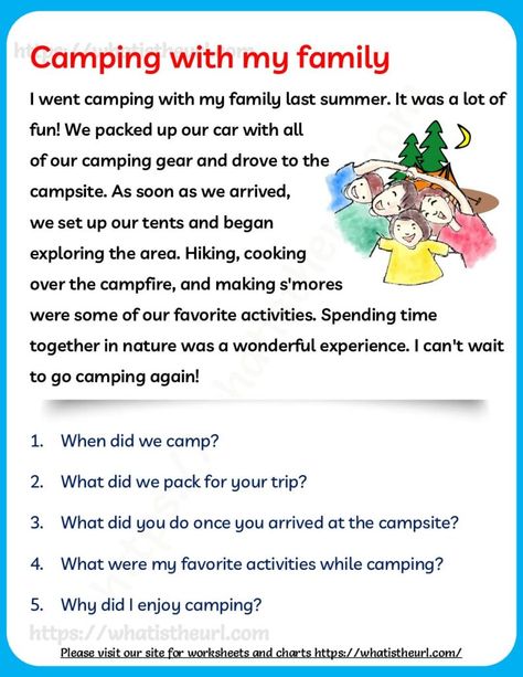 Camping with my Family - Reading Comprehension for Grade 2 - Your Home Teacher Reading Comprehension For Grade 2, Reading Comprehension Grade 3, Comprehension For Grade 2, Reading Comprehension Grade 1, Oppgaver For Barn, English Conversation For Kids, Camp Read, Teacher Cartoon, Comprehension Exercises