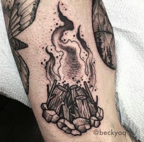 Black and gray dotwork campfire tattoo by @beckyoq Campfire Tattoo, Infinity Tattoo On Wrist, Grey Ink Tattoos, Nature Tattoo Ideas, Woodcut Tattoo, Pretty Tattoo, Cool Nature, Ancient Tattoo, Flame Tattoos