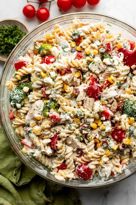 Chicken Feta Pasta Salad, Chicken And Corn Pasta Salad, High Protein Chicken Pasta Salad, Pasta Salad Protein, Six Sisters Creamy Pasta Salad, Bacon Pasta Salad, Chicken Pasta Salad Recipes, Greek Yogurt Dressing, Feta Pasta Salad