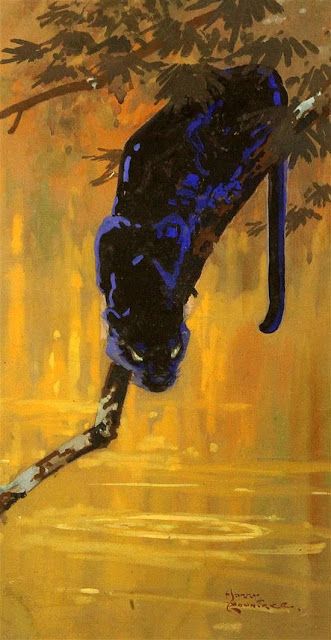 Harry Rountree, Panther, Black Cat, Yellow, Water, Blue, Black, Art