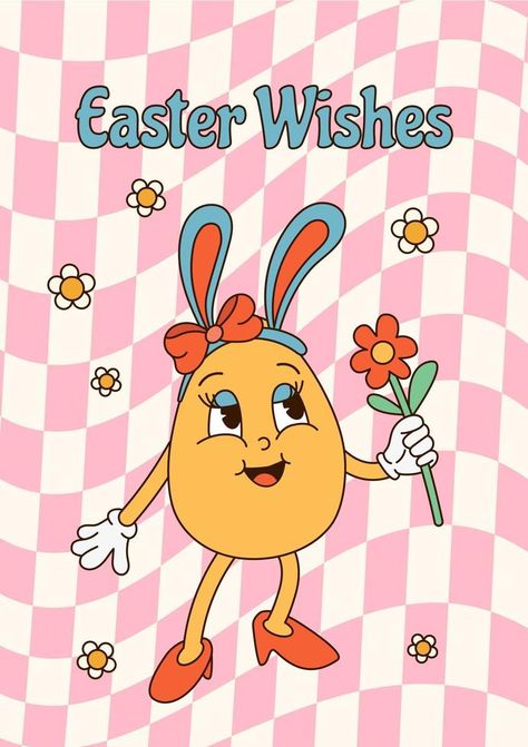 Vertical poster with groovy cartoon character easter egg and quote Easter wishes on pink cells background. Flat vector illustration for print, poster, card Groovy Cartoon, Easter Posters, Easter Poster, Flat Vector Illustration, Easter Wishes, Card Print, Vertical Poster, Flat Vector, Card Card