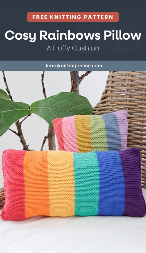 Color your world bright and merry with this Fluffy Cosy Rainbows Knit Pillow. It's an incredibly huggable piece that's perfect for all types of season. In fact, this home decor is a must-have! | More free knitting patterns and tutorials at learnknittingonline.com Knitted Throw Patterns, Winter Knitting Patterns, Fall Knitting Patterns, Knitted Decor, Summer Knitting Patterns, Cushion Tutorial, Fluffy Cushions, Rainbow Pillow, Fall Knitting