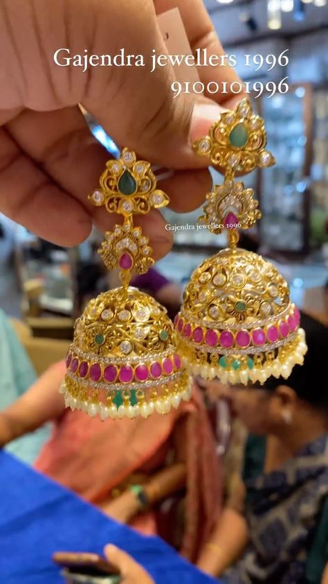 Pearl Drop Gold Jhumkas From 'Gajendra Jewellers' • South India Jewels Gajendra Jewellers, Gold Jhumkas, Jhumka Designs, Chandbali Earrings, Gold Jewelry Earrings, Ear Rings, South India, The Pearl, Shine On