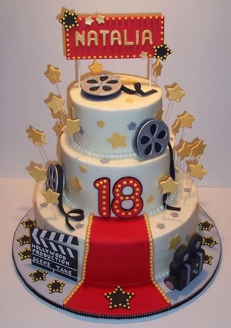 Hollywood Birthday Cake Three tiers of pound cake with buttercream icing. All the decorations are fondant and gum paste. This cake was the... Hollywood Birthday Cake, Movie Theme Cake, Hollywood Cake, Birthday Cake Designs, Hollywood Birthday Parties, Hollywood Birthday, Movie Night Birthday Party, Movie Cakes, Birthday Plans