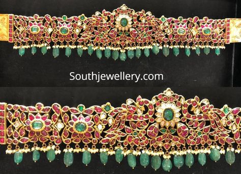 22 Carat gold antique peacock vaddanam adorned with kundans, polki diamonds, pearls and emerald beads by Mangatrai Pearls And Jewe Kundan Vaddanam Designs, Kundan Vaddanam, Gold Vaddanam, Hindu Jewelry, Mughal Jewelry, Indian Gold Jewellery Design, Vaddanam Designs, Hip Jewelry, Mango Necklace