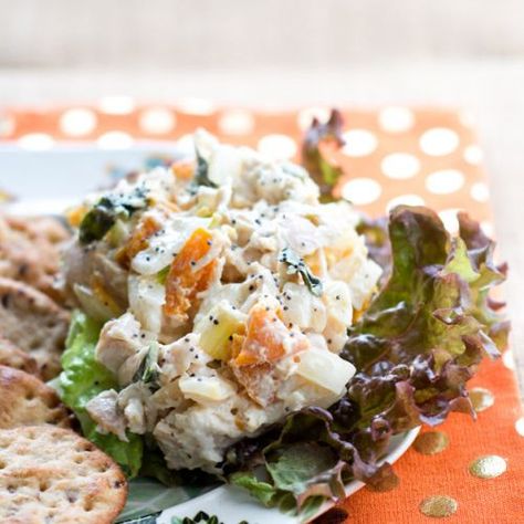 Apricot Basil Chicken Salad Apricot Chicken Salad, Basil Chicken Salad, Champagne Chicken, Packable Lunches, Dried Apricot, Healthy Chicken Salad Recipe, Apricot Chicken, Roast Chicken Leftovers, Healthy Chicken Salad