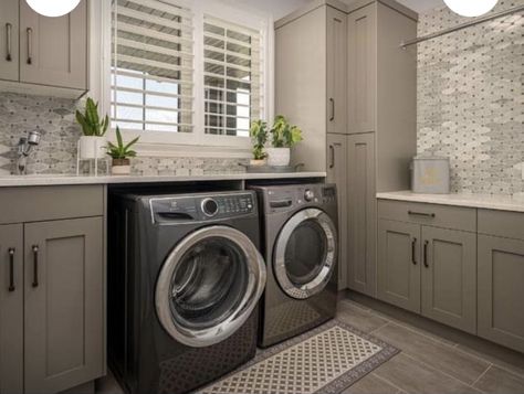 Grey Washer And Dryer Laundry Room, Laundry Room With Grey Appliances, 1930s Farmhouse, Earthly Tones, Grey Hardwood, Mudroom Laundry, Accent Backsplash, Mudroom Laundry Room, Laundry Design