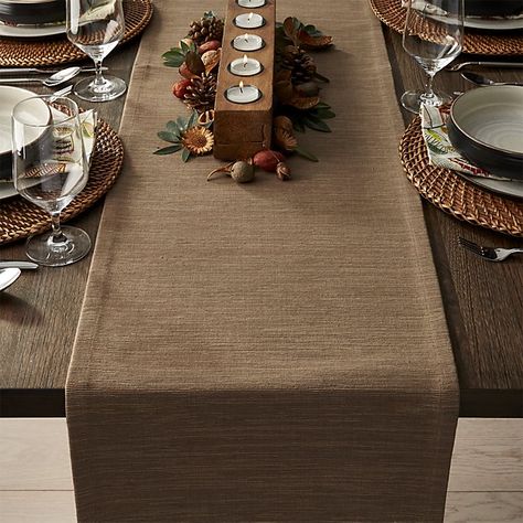 $30 Grasscloth 90" Brindle Brown Table Runner | Crate and Barrel Tables With Benches, Table Runners Modern, Brown Table Runner, Woodland Centerpiece, Modern Table Runners, Barrel Table, Dining Table Runners, Dining Room Tables, Halloween Dinner