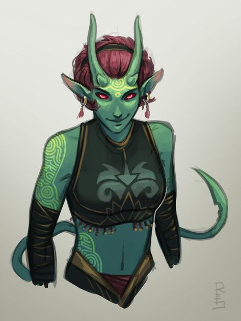 female green skinned tiefling with horns and long tail dramatic earrings adventurer character concept Drawing Tieflings, Tiefling Girl, Rachel Denton, Winter Warlock, Expression Eyes, Fantasy Races, Dungeons And Dragons Characters, Dnd Art, Younger Sister