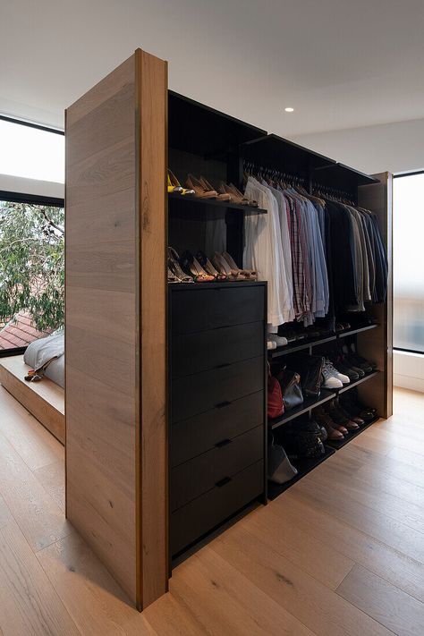 Walk-in wardrobe of master bedroom acts as room divider Walk In Wardrobe Behind Bed Wall, Bedroom Divider Closet, Room Divider Wardrobe, Small Walkin Wardrobe Ideas, Walking Wardrobe Ideas Small Spaces, Wardrobe Behind Bed Wall, Wardrobe Wall In Bedroom, Long Narrow Walk In Closet, Closet Behind Bed Layout