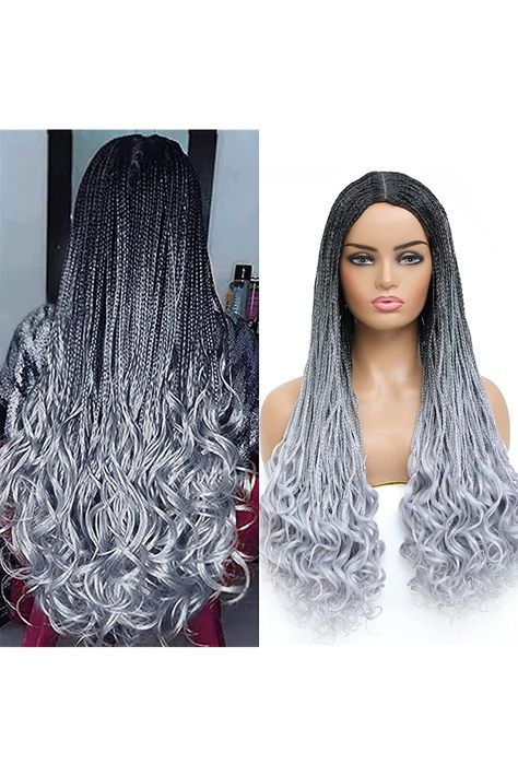 ROSEBONY Braided Wigs Box Braids with Curly Ends Ombre Silver Gray Glueless Wigs Long Braids Wigs for Black Women ¡­ Silver Braids For Black Women, Silver Hair Braids, Silver Braids, Box Braids With Curly Ends, Black To Silver Ombre, Braids With Curly Ends, Braids Wigs, Ombre Braid, Silver Ombre