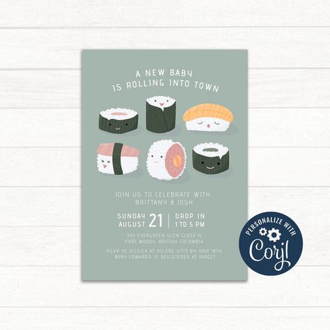 Sushi Virtual Baby Shower Invitation Template Digital | Etsy Sushi First Birthday Party, Studio Ghibli Baby Shower Theme, Sushi Baby Shower Theme, Sushi Birthday Invitation, Dumpling Baby Shower Theme, Kylie Baby Shower, Virtual Baby Shower Invitation, Science Birthday, Couples Baby Showers