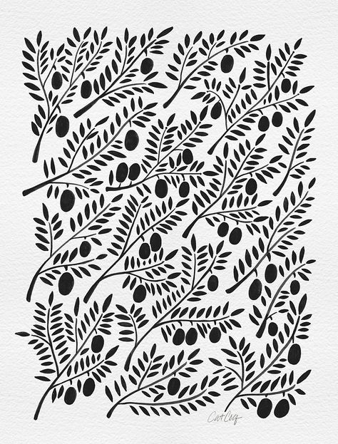 Black Olive Branches by Cat Coquillette Olive Branch Art, Cat Coquillette, Lemon Art, Olive Branches, Reference Pics, Palette Art, Fabric Stamping, Black Olive, Pretty Prints